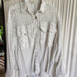 POL White Button-Up Shirt with Pink Floral Print